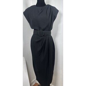 Vintage Scaasi Black Draped Midi Dress Belted Sheath Size 6 80s 90s Designer